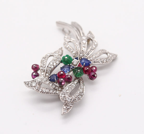 TUTTI FRUTTI 1950 Art-Deco Pendant Brooch In Platinum Diamonds & Gemstones