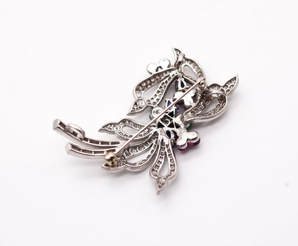 TUTTI FRUTTI 1950 Art-Deco Pendant Brooch In Platinum Diamonds & Gemstones