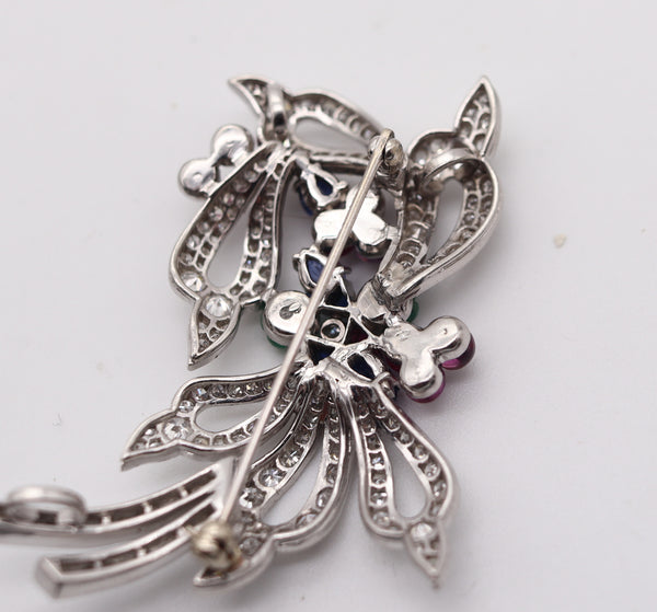 TUTTI FRUTTI 1950 Art-Deco Pendant Brooch In Platinum Diamonds & Gemstones