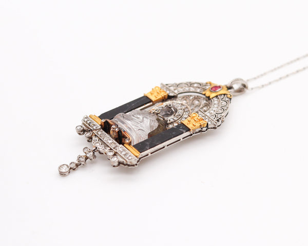 -Art Deco 1915 Enthroned Buddha Necklace In Platinum 18Kt Gold With Diamonds And Gems