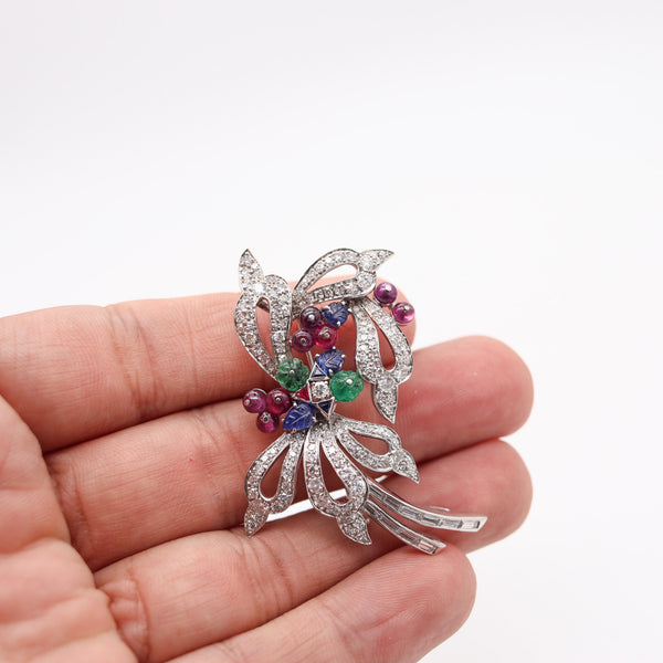 TUTTI FRUTTI 1950 Art-Deco Pendant Brooch In Platinum Diamonds & Gemstones