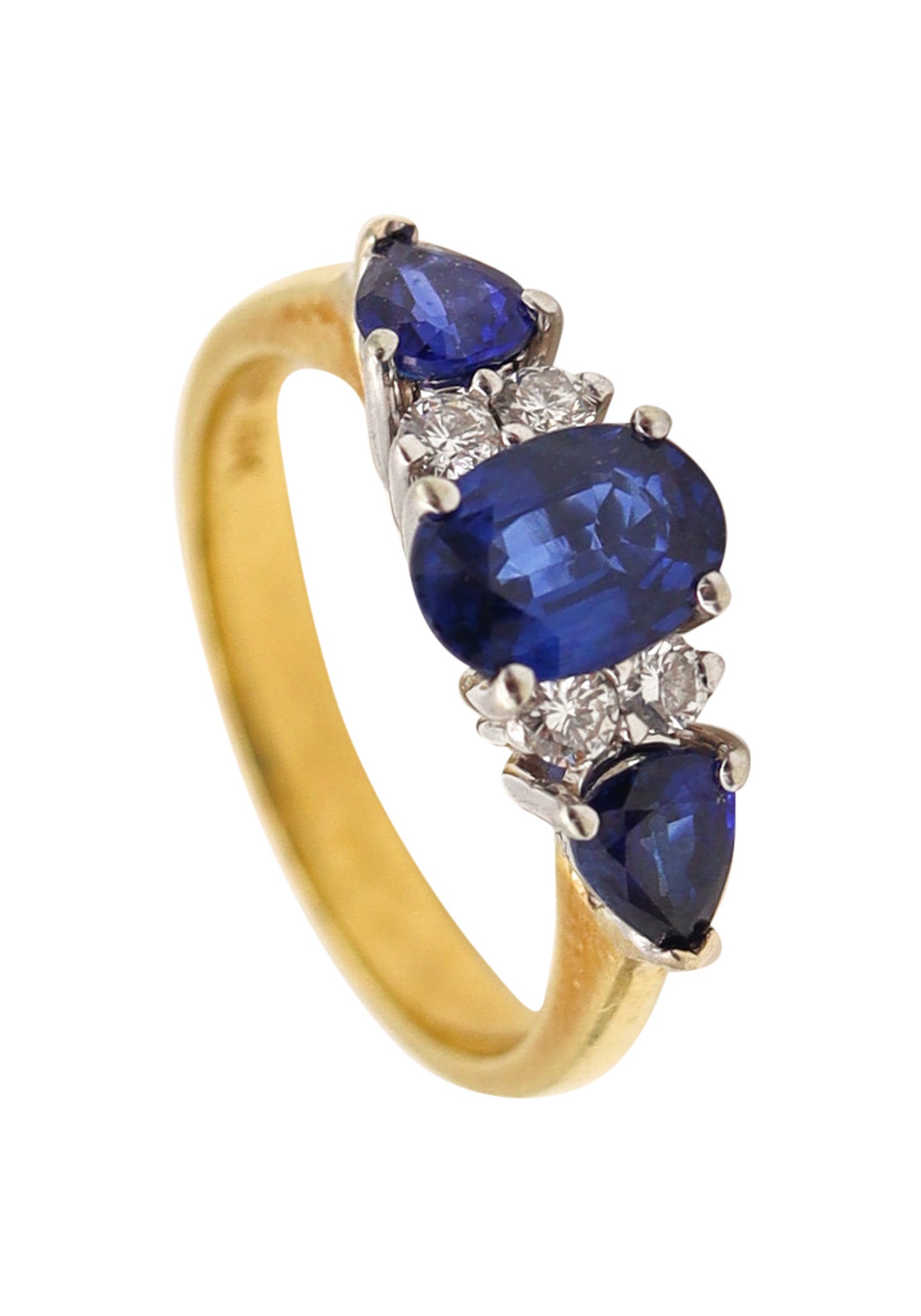 -Three Stone Setting Ring In 18Kt Gold With 1.87 Ctw In Sapphires And Diamonds