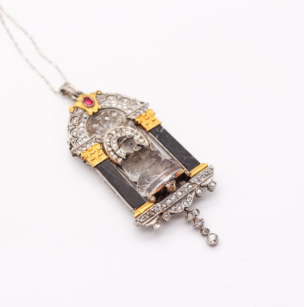 -Art Deco 1915 Enthroned Buddha Necklace In Platinum 18Kt Gold With Diamonds And Gems