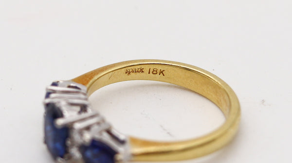 -Three Stone Setting Ring In 18Kt Gold With 1.87 Ctw In Sapphires And Diamonds