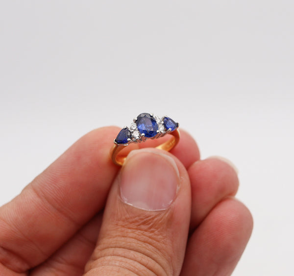 -Three Stone Setting Ring In 18Kt Gold With 1.87 Ctw In Sapphires And Diamonds