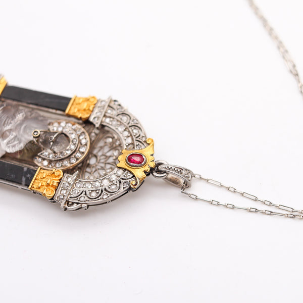 -Art Deco 1915 Enthroned Buddha Necklace In Platinum 18Kt Gold With Diamonds And Gems