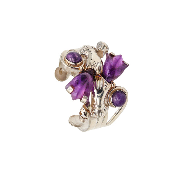 -Mexican 1945 Taxco Studio Cuff Bracelet In .925 Sterling Silver With Carved Amethyst