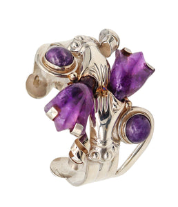 -Mexican 1945 Taxco Studio Cuff Bracelet In .925 Sterling Silver With Carved Amethyst