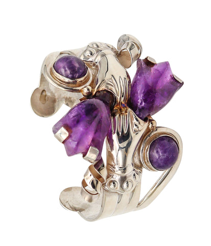 -Mexican 1945 Taxco Studio Cuff Bracelet In .925 Sterling Silver With Carved Amethyst