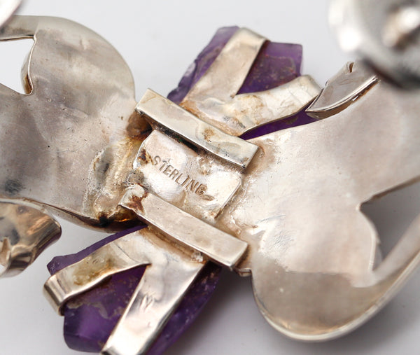 -Mexican 1945 Taxco Studio Cuff Bracelet In .925 Sterling Silver With Carved Amethyst