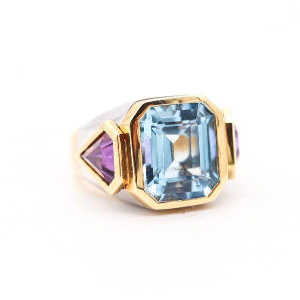 MARINA B. Cocktail Ring In 18Kt Gold With Aquamarine & Shield-Cut Amethysts