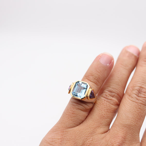 MARINA B. Cocktail Ring In 18Kt Gold With Aquamarine & Shield-Cut Amethysts