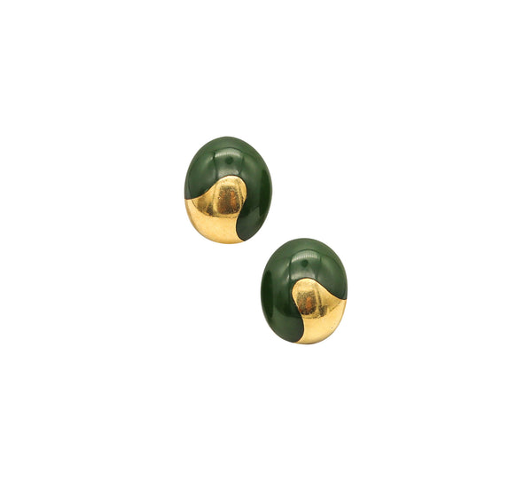 -Tiffany Co 1978 Angela Cummings Nephrite Oval Clips Earrings In 18Kt Yellow Gold