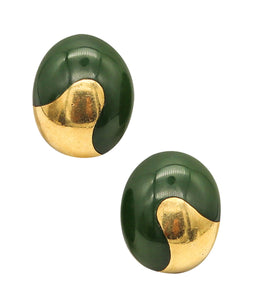 -Tiffany Co 1978 Angela Cummings Nephrite Oval Clips Earrings In 18Kt Yellow Gold