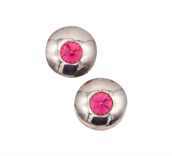 -Mexico 1970 Taxco Retro Modernist Earrings In Sterling Silver With Pink Faceted Glass