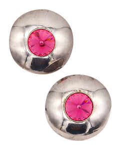 -Mexico 1970 Taxco Retro Modernist Earrings In Sterling Silver With Pink Faceted Glass