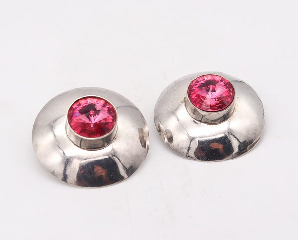 -Mexico 1970 Taxco Retro Modernist Earrings In Sterling Silver With Pink Faceted Glass