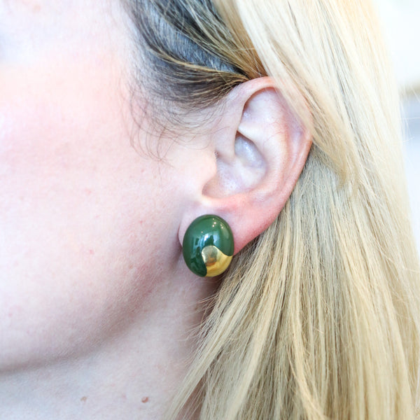 -Tiffany Co 1978 Angela Cummings Nephrite Oval Clips Earrings In 18Kt Yellow Gold