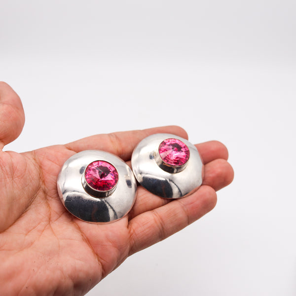 -Mexico 1970 Taxco Retro Modernist Earrings In Sterling Silver With Pink Faceted Glass