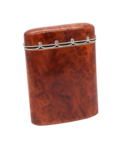 CARTIER Paris 1920 Burl Wood Pocket Case In 18Kt Yellow Gold Enamel And Diamonds