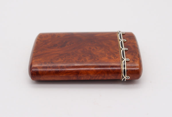 CARTIER Paris 1920 Burl Wood Pocket Case In 18Kt Yellow Gold Enamel And Diamonds