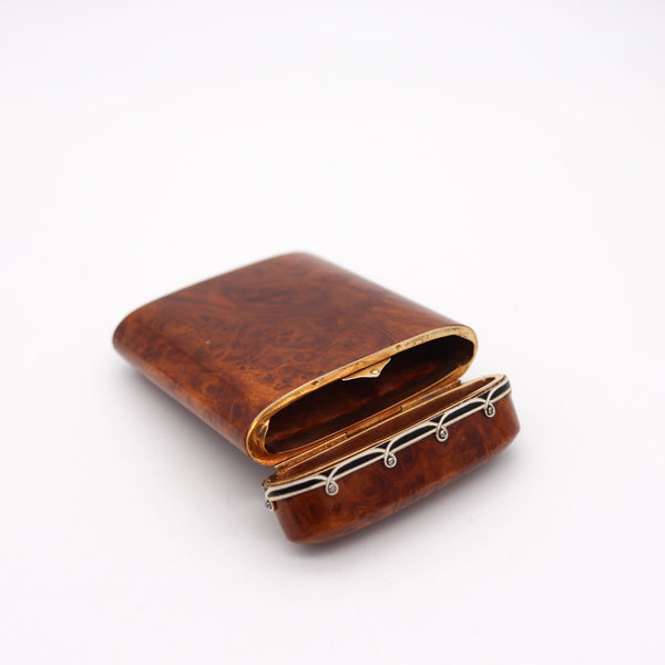 CARTIER Paris 1920 Burl Wood Pocket Case In 18Kt Yellow Gold Enamel And Diamonds