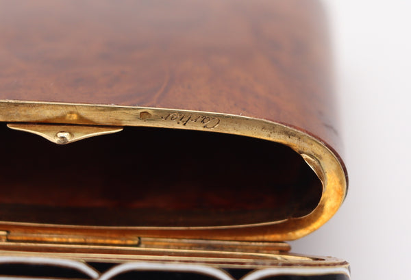 CARTIER Paris 1920 Burl Wood Pocket Case In 18Kt Yellow Gold Enamel And Diamonds