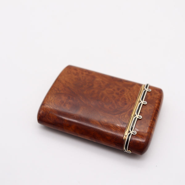 CARTIER Paris 1920 Burl Wood Pocket Case In 18Kt Yellow Gold Enamel And Diamonds