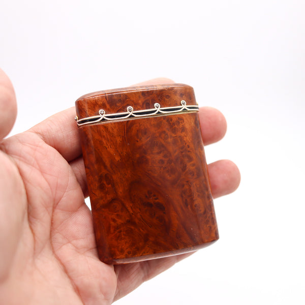 CARTIER Paris 1920 Burl Wood Pocket Case In 18Kt Yellow Gold Enamel And Diamonds