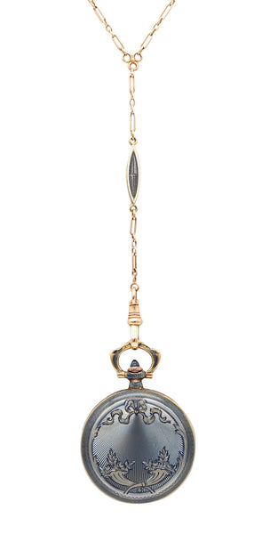 TIFFANY & CO. 1915 Edwardian Guilloche Enameled Clock Necklace In 18Kt Yellow Gold
