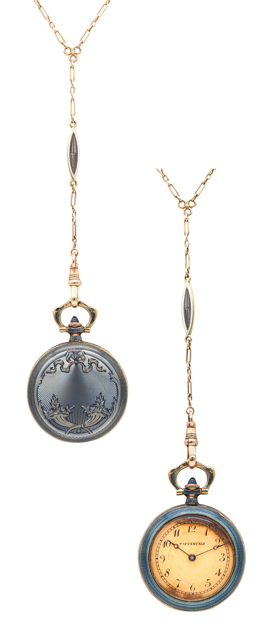 TIFFANY & CO. 1915 Edwardian Guilloche Enameled Clock Necklace In 18Kt Yellow Gold