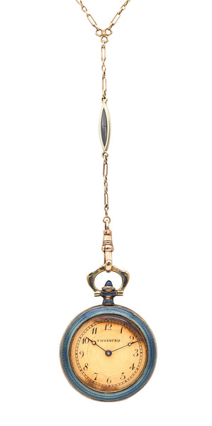 TIFFANY & CO. 1915 Edwardian Guilloche Enameled Clock Necklace In 18Kt Yellow Gold