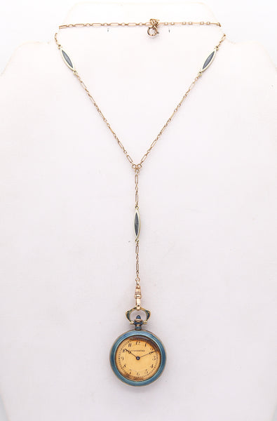 TIFFANY & CO. 1915 Edwardian Guilloche Enameled Clock Necklace In 18Kt Yellow Gold
