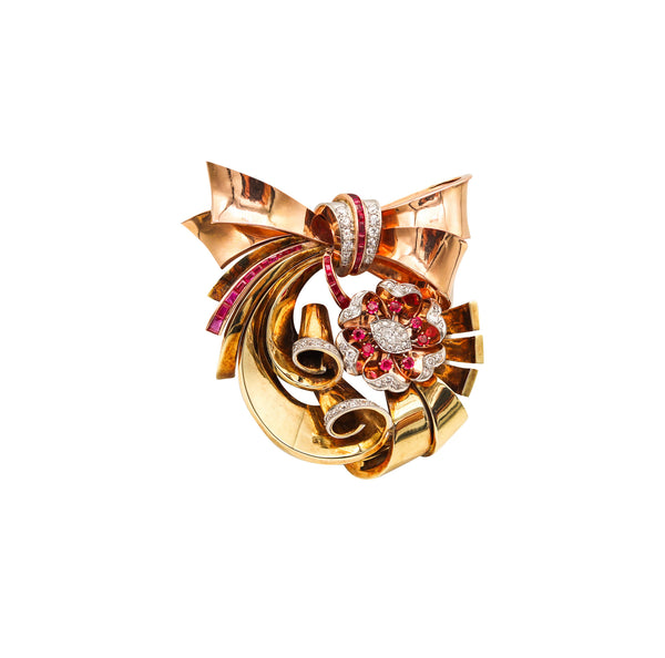 -Retro Machine Age 1940 Brooch In 14Kt With 6.02 Ctw In Diamonds And Rubies