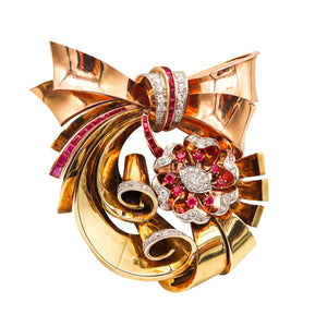 -Retro Machine Age 1940 Brooch In 14Kt With 6.02 Ctw In Diamonds And Rubies