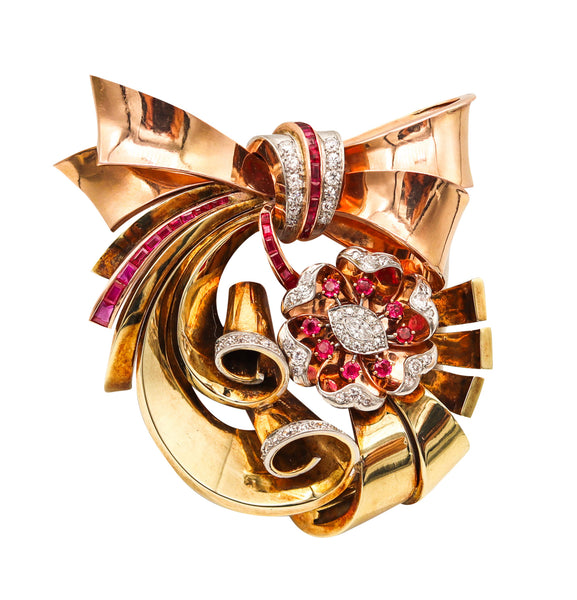 -Retro Machine Age 1940 Brooch In 14Kt With 6.02 Ctw In Diamonds And Rubies