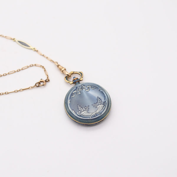 TIFFANY & CO. 1915 Edwardian Guilloche Enameled Clock Necklace In 18Kt Yellow Gold