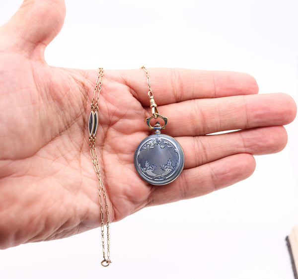 TIFFANY & CO. 1915 Edwardian Guilloche Enameled Clock Necklace In 18Kt Yellow Gold