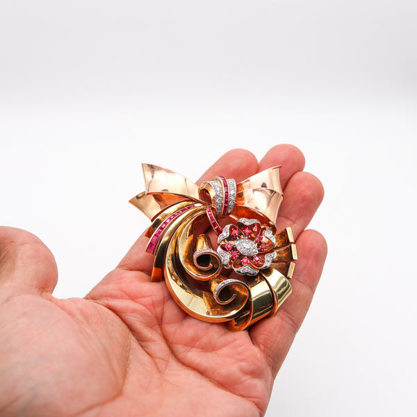 -Retro Machine Age 1940 Brooch In 14Kt With 6.02 Ctw In Diamonds And Rubies