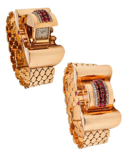 -Deco Machine Age 1940 Wristwatch In 14Kt Gold With 5.54 Ctw Diamonds And Rubies