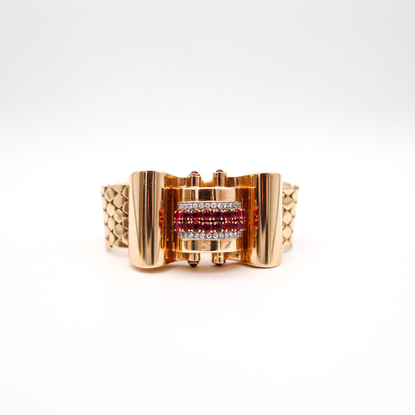 -Deco Machine Age 1940 Wristwatch In 14Kt Gold With 5.54 Ctw Diamonds And Rubies
