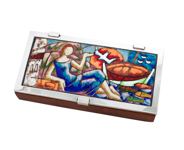 SPANISH 1960 Barcelona Enameled Desk Box In .925 Sterling Silver & Cedar-Wood