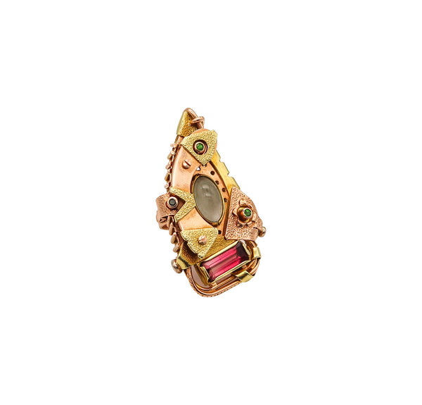 -Constructivist Sculptural Studio Ring In 14 Kt Gold With Moonstone Tourmaline And Tsavorites