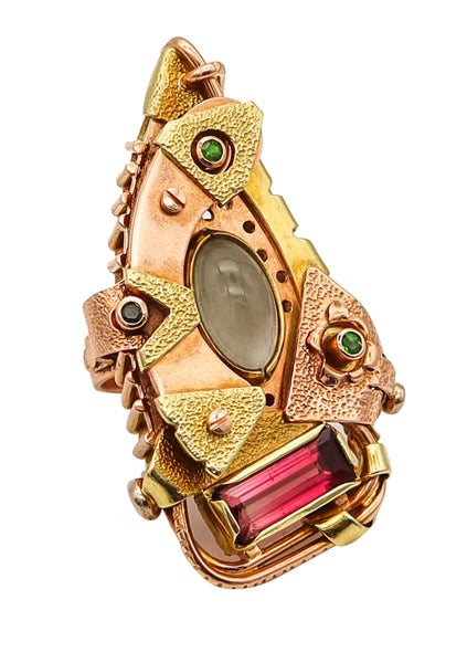 -Constructivist Sculptural Studio Ring In 14 Kt Gold With Moonstone Tourmaline And Tsavorites