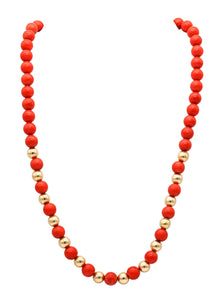 SARDINIAN CORAL Italian Modernist Round Beads Necklace In 18Kt Yellow Gold