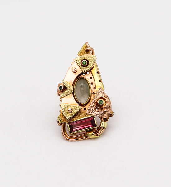 -Constructivist Sculptural Studio Ring In 14 Kt Gold With Moonstone Tourmaline And Tsavorites