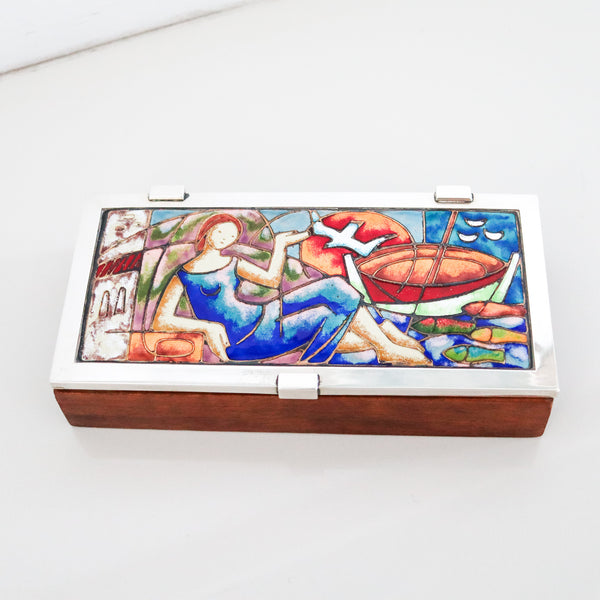SPANISH 1960 Barcelona Enameled Desk Box In .925 Sterling Silver & Cedar-Wood