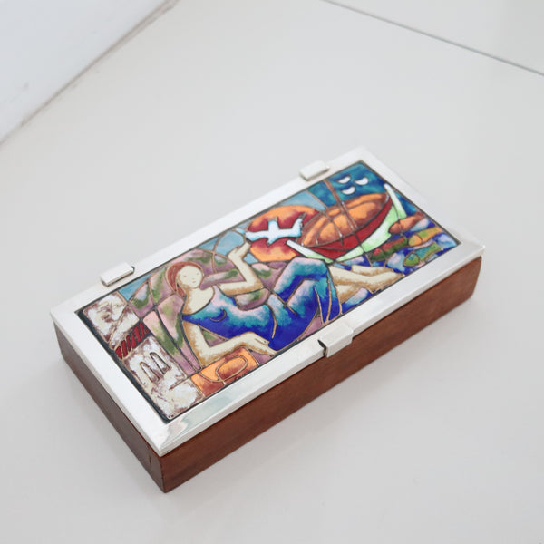 SPANISH 1960 Barcelona Enameled Desk Box In .925 Sterling Silver & Cedar-Wood