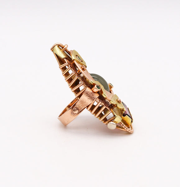 -Constructivist Sculptural Studio Ring In 14 Kt Gold With Moonstone Tourmaline And Tsavorites