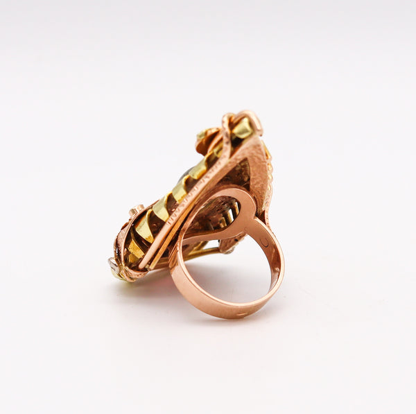 -Constructivist Sculptural Studio Ring In 14 Kt Gold With Moonstone Tourmaline And Tsavorites